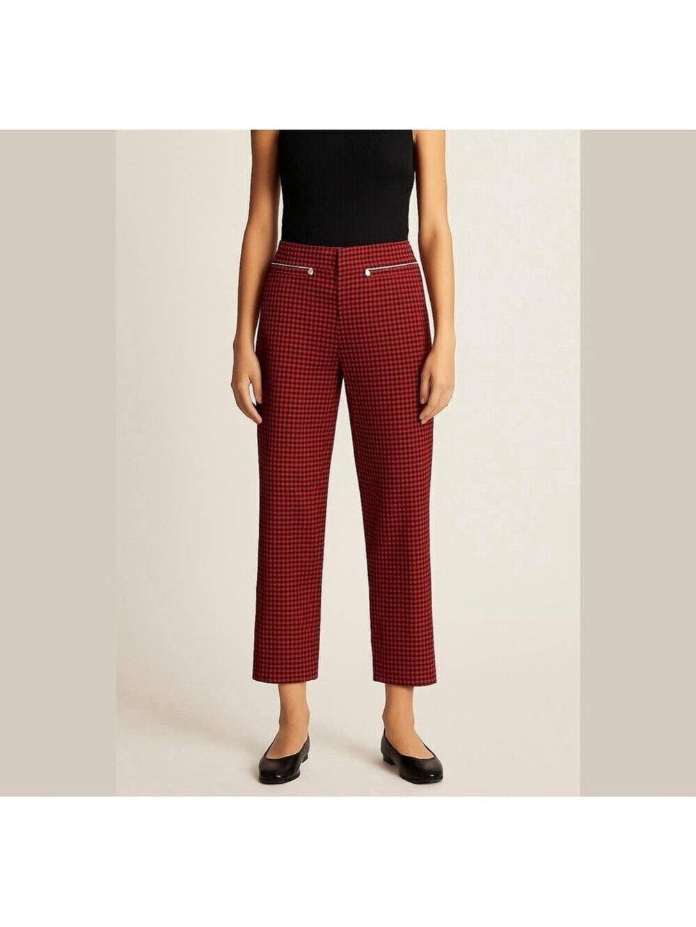 MANGO red black houndstooth cropped twill straight-leg slim pants Sz US 12